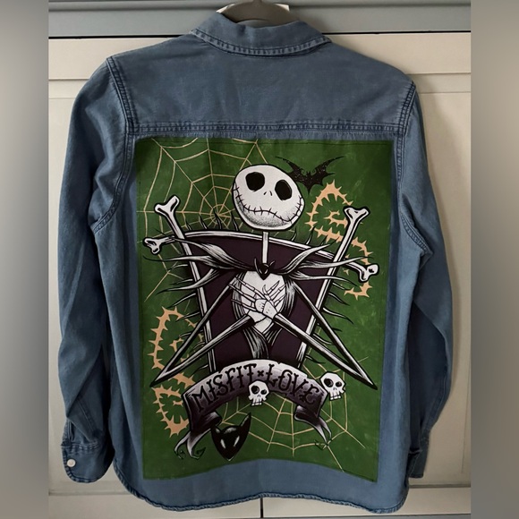 Upcycled Nightmare Before Christmas Graphic Tee on Vintage Denim Shirt Size MP - Picture 1 of 5